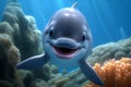 A cute smiling cartoon dolphin on a background of blue clear water and corals.A stylized charming dolphin.