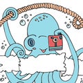 Cute smiling cartoon octopus with a camera. Royalty Free Stock Photo