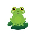 Cute and smiling cartoon style frog character sitting on a green leaf. Royalty Free Stock Photo
