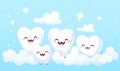 Cute smiling cartoon teeth family with soft foam bubbles with copy space