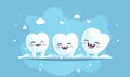 Cute smiling cartoon teeth family with soft foam bubbles with copy space