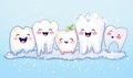 Cute smiling cartoon teeth family with soft foam bubbles with copy space