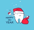 Cute smiling cartoon tooth in Santa hat in red mittens with a bag of gifts and a bell. Royalty Free Stock Photo