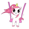 A cute smiling cartoon unicorn swings on a swing. Sticker Royalty Free Stock Photo