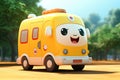 Cute smiling Cartoon yellow ambulance car Character, ultra detailed on street background