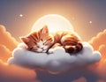 Cute smiling cat on cloud in warm sunset