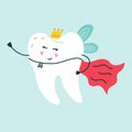 Cute smiling character white tooth super hero with a red cape wearing a gold crown