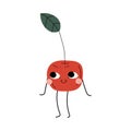 Cute Smiling Cherry, Cheerful Berry Character with Funny Face Vector Illustration