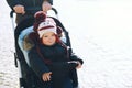 Child boy spending winter holidays with family in Cesky Krumlov