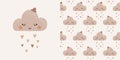 Cute smiling cloud print and seamless pattern. Can be use for posters, cards, flyers, banners, baby wears. Vector illustration