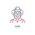 Cute smiling clown line icon. Vector logo for circus, party service or event agency. Linear illustration of kids
