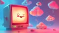 Cute smiling computer with floating clouds, 3D render illustration