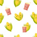 Cute smiling corn on the cobs and popcorn buckets, kawaii pattern