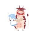 Cute Smiling Cow with Glass of Milk, Funny Farm Animal Cartoon Character Vector Illustration Royalty Free Stock Photo