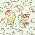 Cute smiling cupcake and cup on clouds. Royalty Free Stock Photo