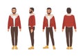 Cute smiling dark haired caucasian man with beard dressed in brown trousers and red jacket. Flat male cartoon character
