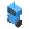 Cute smiling delivery robot moving on wheels, isometric projection