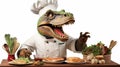 Cute and smiling dinosaur in chef uniform cooking dinner. generative ai Royalty Free Stock Photo