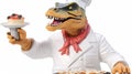 Cute and smiling dinosaur in chef uniform cooking dinner. generative ai Royalty Free Stock Photo
