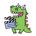 Cute smiling dinosaur with movie clapper board.