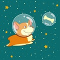 Cute smiling dog dressed in spacesuit is flying in outer space using, on starry space background.