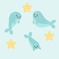 4Cute smiling dolphins, whales, narwhals set. Collection of marine animals and cetacean with fins underwater isolated