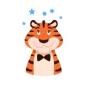 Cute smiling dreaming cartoon tiger portrait. Royalty Free Stock Photo