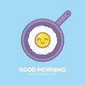 Cute smiling egg on a pan thin lined icon. Royalty Free Stock Photo