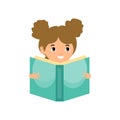 Cute smiling elementary school girl student holding an open book reading. Homeschooling home education illiteracy campaign