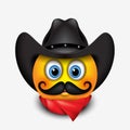 Cute smiling emoticon with mustache wearing cowboy hat and red scarf emoji, smiley - vector illustration Royalty Free Stock Photo