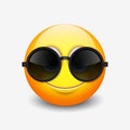 Cute smiling emoticon wearing black sunglasses, emoji, smiley - vector illustration