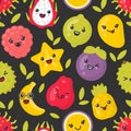 Cute smiling exotic fruits, vector seamless pattern on dark background Royalty Free Stock Photo