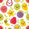 Cute smiling exotic fruits, vector seamless pattern on white background Royalty Free Stock Photo