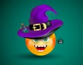 Cute smiling face emoticon viciously laughing wearing witch purple hat with scary decor of spider on cobweb and poisonous mushroom