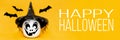 Cute smiling face Halloween Jack o Lantern and flying paper bats over yellow background. Halloween web banner. Royalty Free Stock Photo