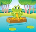 Cute Smiling Frog Sitting On Top Of A Log In A Pond