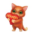 Cute Smiling Furry Kitten Holding Heart Sign with I Love You Confession of Feelings - Hand-Drawn Cartoon Animal Character