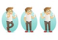 Cute smiling geek happy hipster with smartphone hold coffee in hand cartoon characters set design vector