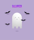 Cute smiling ghost surrounded by flying bat. Halloween vector illustration.