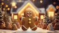 A Cute Smiling Gingerbread Man Against His Cozy Gingerbread House