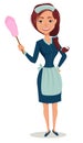 Cute Smiling Girl Dressed In Classic French Maid Clothes, Holding Dust Brush. Cheerful Cartoon Character.