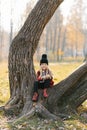 Cute smiling girl of five years old sitting on a tree in the autumn forest Royalty Free Stock Photo