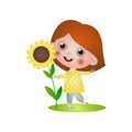 Cute smiling girl kid find a big plant of sunflower