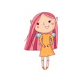 Cute smiling girl with pink hair, little wings and elf ears. Doodle fairy character in orange dress. Line vector design Royalty Free Stock Photo