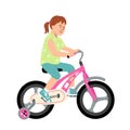 Cute smiling girl riding bicycle. Little kid learning on a first two-wheeled bike with extra training wheels. Flat Royalty Free Stock Photo