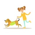 Cute smiling girl walking with her dog. Colorful cartoon character vector Illustration Royalty Free Stock Photo