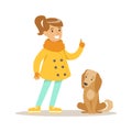 Cute smiling girl walking with her dog outdoor. Colorful cartoon character vector Illustration Royalty Free Stock Photo