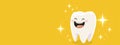 Cute smiling, glowing tooth isolated on the bright yellow background with copy space