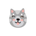 Cute smiling grey cat head, funny cartoon animal character, adorable domestic pet vector illustration