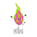 Cute smiling hand drawn pitaya character. Learning fruit flashcard with it name for kids